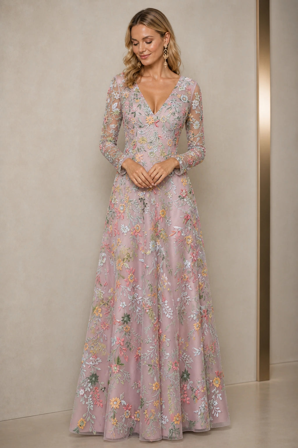 Refined A-Line V-Neck Long-Sleeve Floral Embroidered Floor-Length Wedding Guest Dress