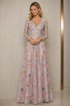 Refined A-Line V-Neck Long-Sleeve Floral Embroidered Floor-Length Wedding Guest Dress