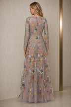 Refined A-Line V-Neck Long-Sleeve Floral Embroidered Floor-Length Wedding Guest Dress