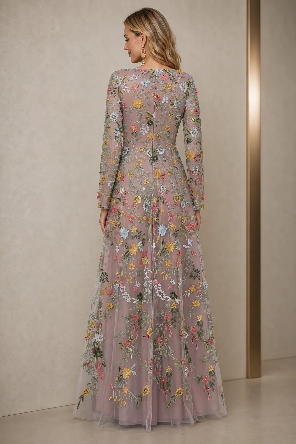 Refined A-Line V-Neck Long-Sleeve Floral Embroidered Floor-Length Wedding Guest Dress