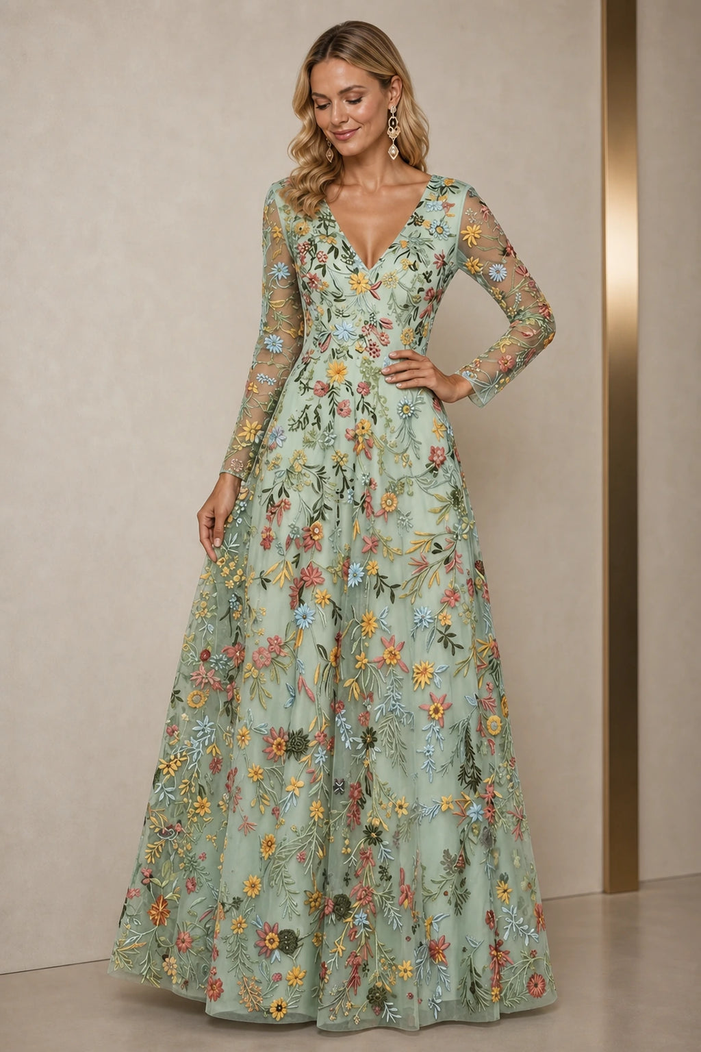 Refined A-Line V-Neck Long-Sleeve Floral Embroidered Floor-Length Wedding Guest Dress