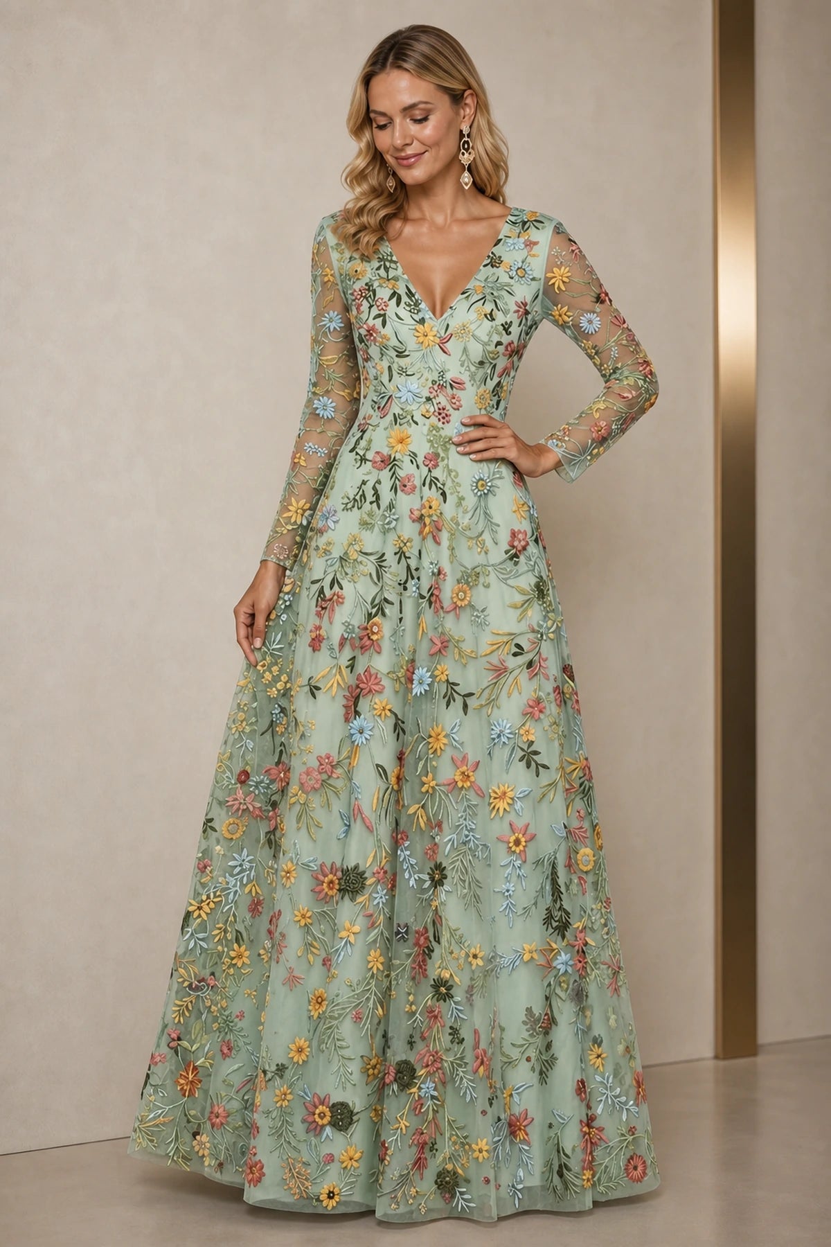 Refined A-Line V-Neck Long-Sleeve Floral Embroidered Floor-Length Wedding Guest Dress