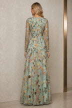 Refined A-Line V-Neck Long-Sleeve Floral Embroidered Floor-Length Wedding Guest Dress