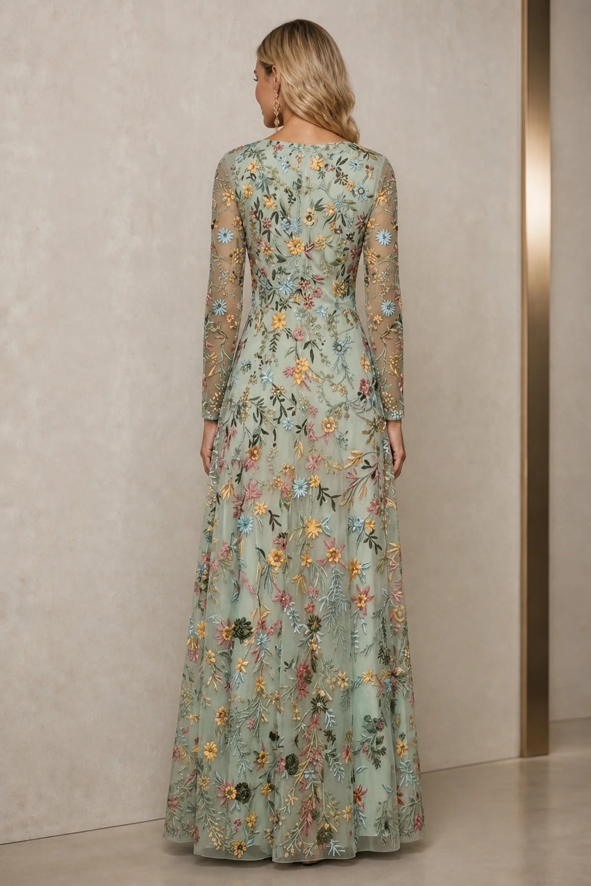 Refined A-Line V-Neck Long-Sleeve Floral Embroidered Floor-Length Wedding Guest Dress