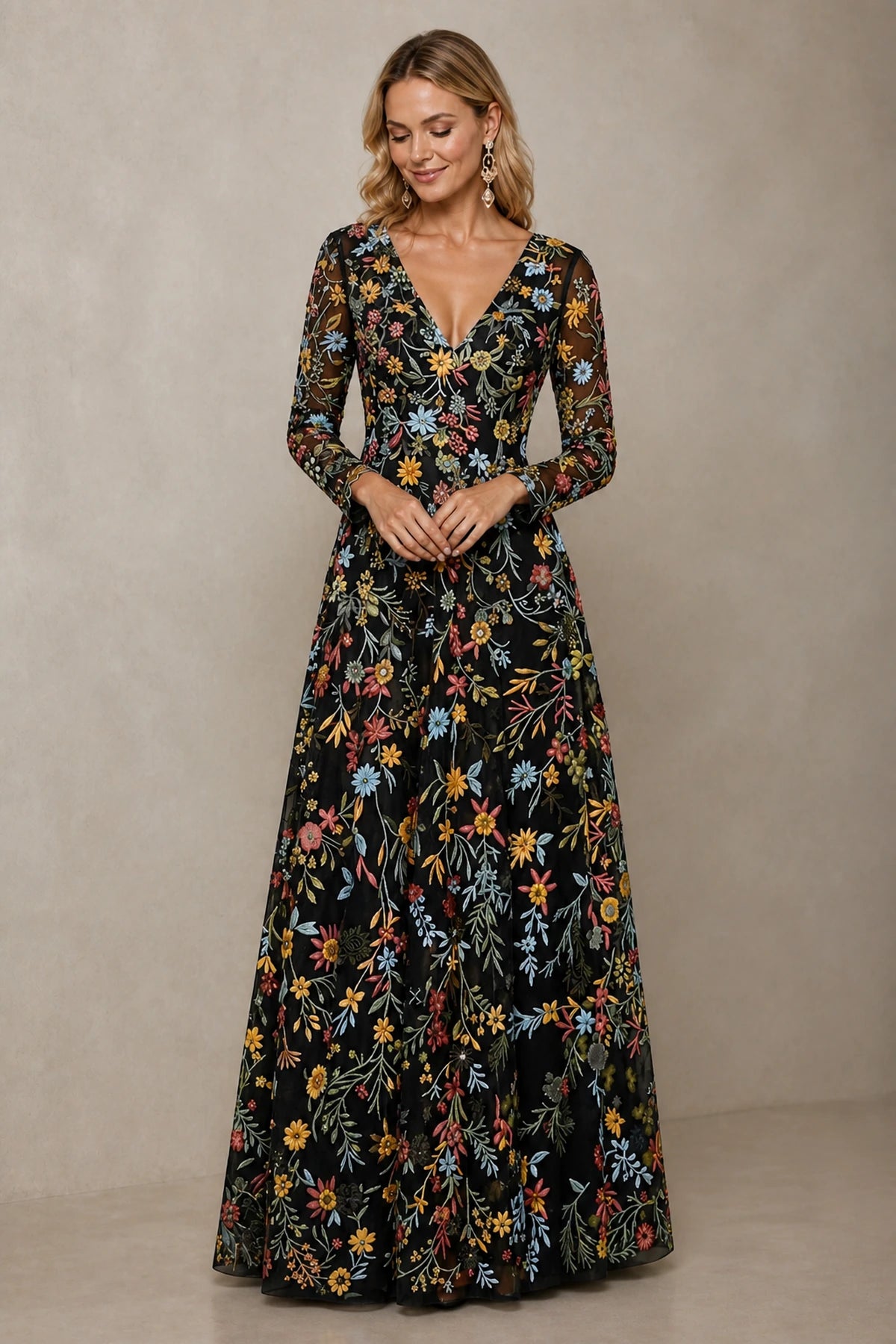 Refined A-Line V-Neck Long-Sleeve Floral Embroidered Floor-Length Wedding Guest Dress