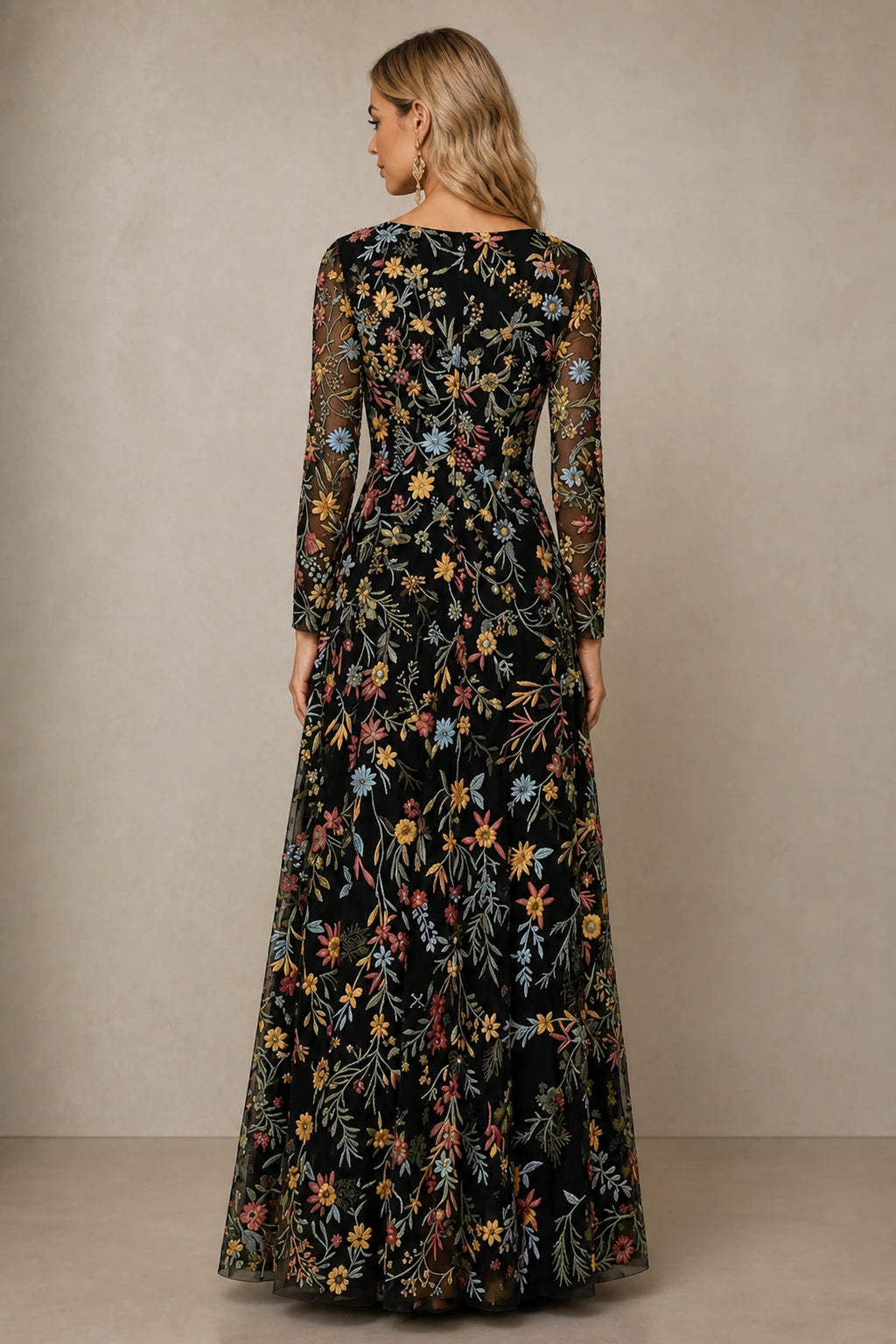 Refined A-Line V-Neck Long-Sleeve Floral Embroidered Floor-Length Wedding Guest Dress