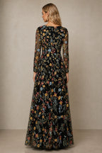 Refined A-Line V-Neck Long-Sleeve Floral Embroidered Floor-Length Wedding Guest Dress