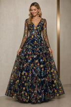 Refined A-Line V-Neck Long-Sleeve Floral Embroidered Floor-Length Wedding Guest Dress