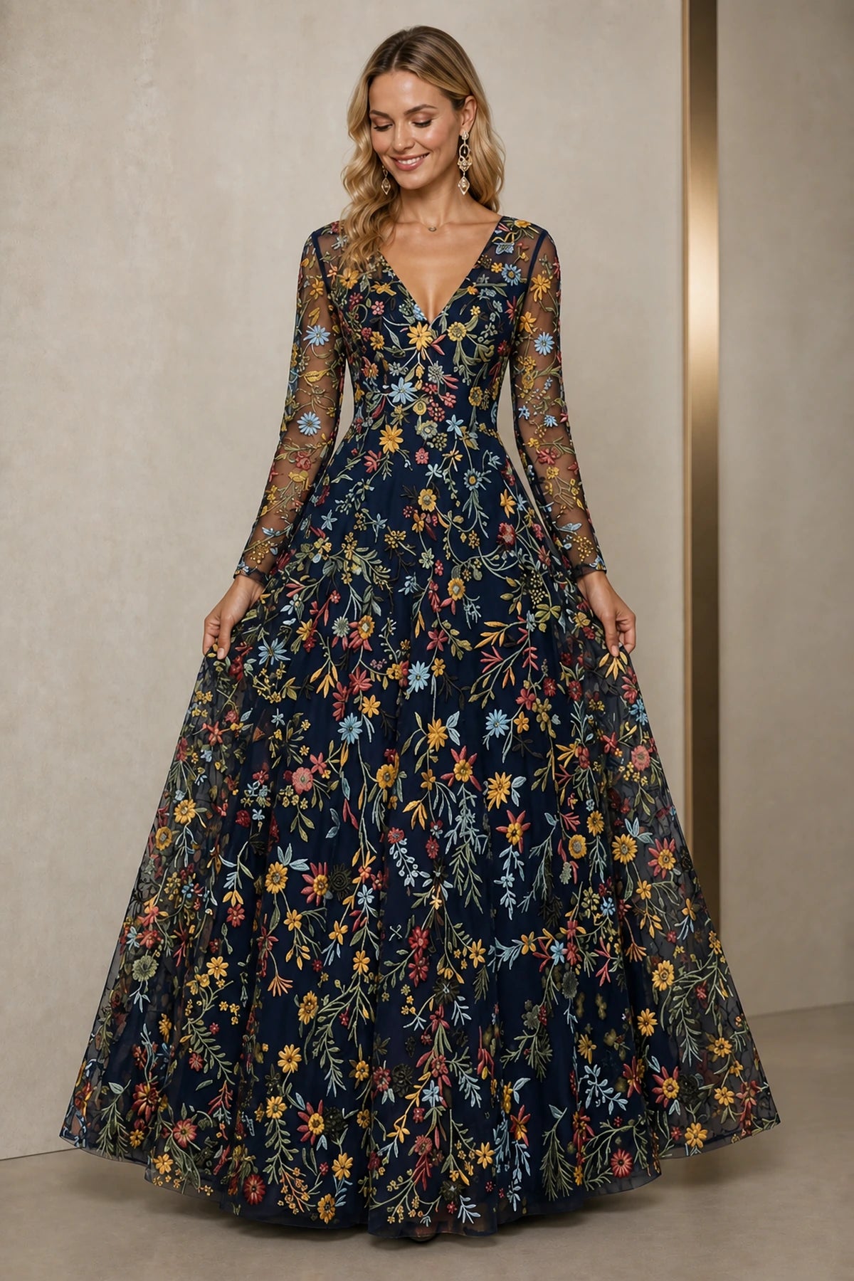 Refined A-Line V-Neck Long-Sleeve Floral Embroidered Floor-Length Wedding Guest Dress