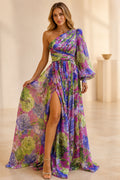 Floral one shoulder chiffon mother of the bride dress with long sleeve and slit