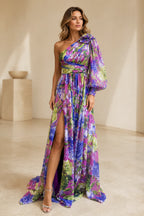 Vibrant A-Line One Shoulder Long Sleeve Floral Mother of the Bride Dress