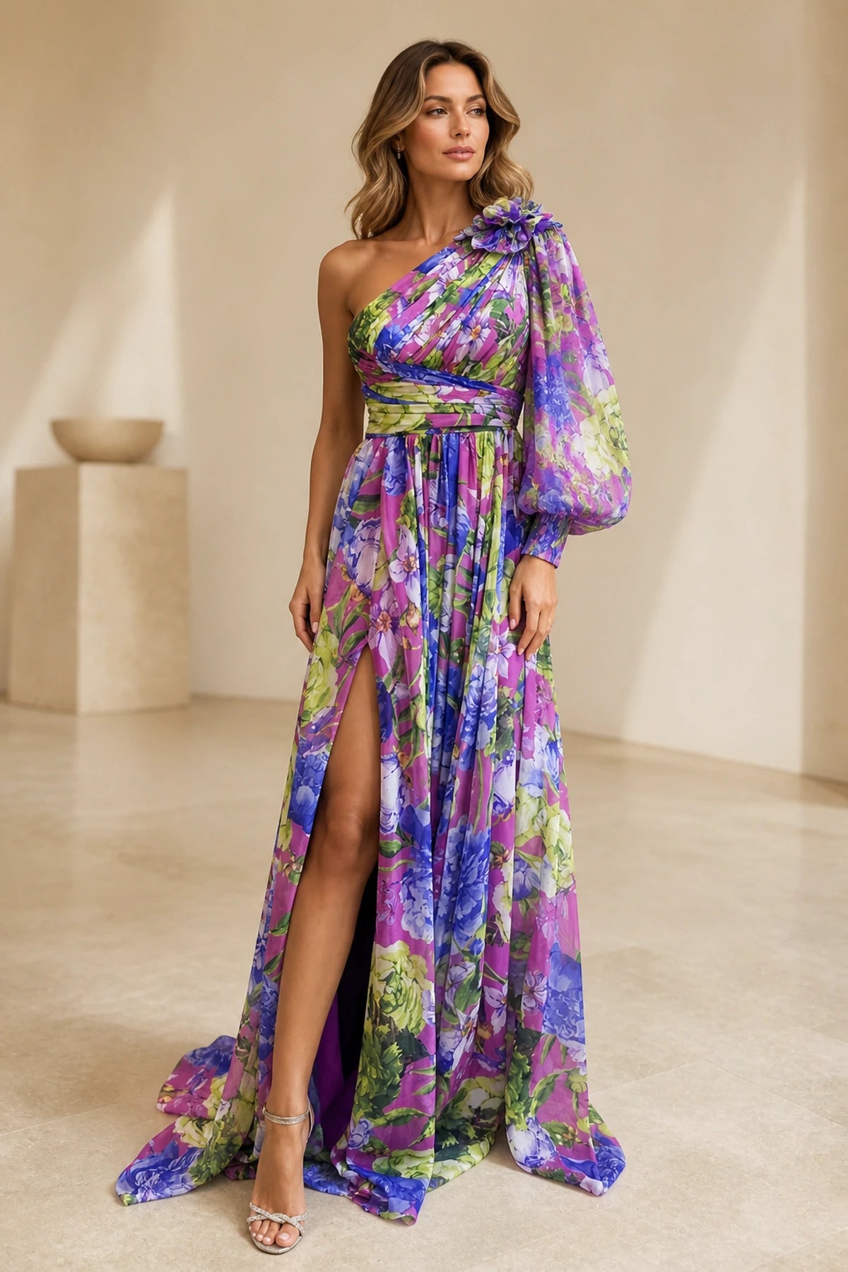 Vibrant A-Line One Shoulder Long Sleeve Floral Mother of the Bride Dress