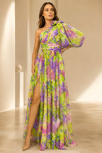 Vibrant A-Line One Shoulder Long Sleeve Floral Mother of the Bride Dress