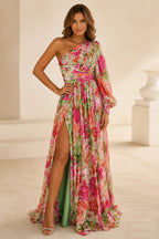 Vibrant A-Line One Shoulder Long Sleeve Floral Mother of the Bride Dress