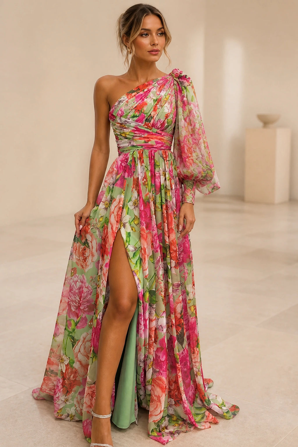 Vibrant A-Line One Shoulder Long Sleeve Floral Mother of the Bride Dress