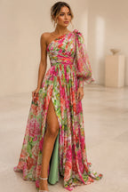 Vibrant A-Line One Shoulder Long Sleeve Floral Mother of the Bride Dress