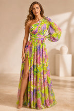 Vibrant A-Line One Shoulder Long Sleeve Floral Mother of the Bride Dress