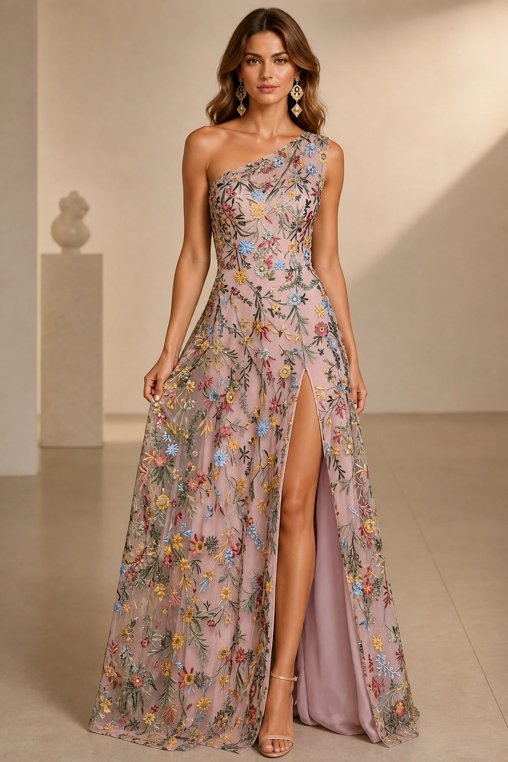 Romantic A-Line One-Shoulder Sleeveless Low-Back Slit Floor-Length Wedding Guest Dress
