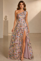Romantic A-Line One-Shoulder Sleeveless Low-Back Slit Floor-Length Wedding Guest Dress