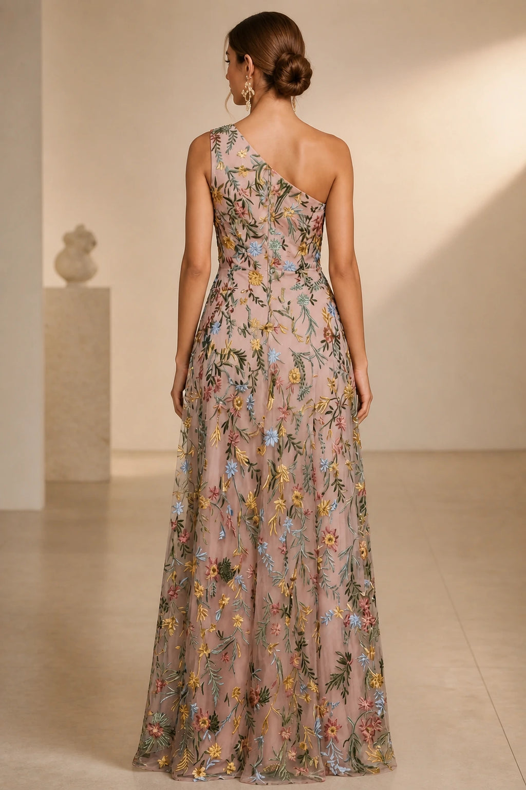 Romantic A-Line One-Shoulder Sleeveless Low-Back Slit Floor-Length Wedding Guest Dress