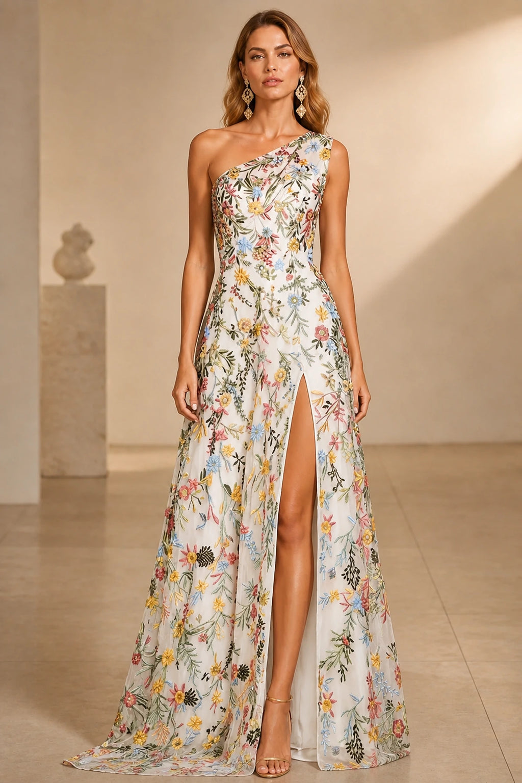 Romantic A-Line One-Shoulder Sleeveless Low-Back Slit Floor-Length Wedding Guest Dress