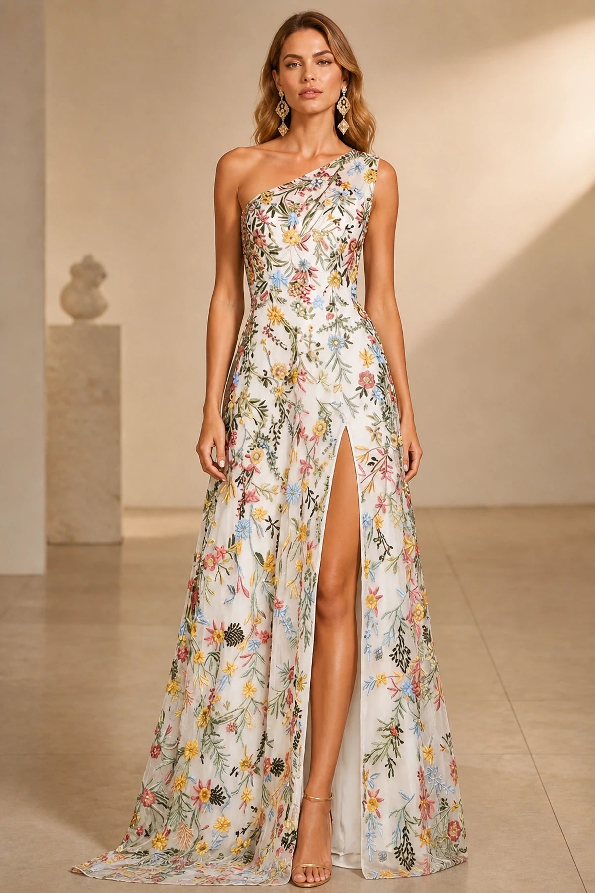 Romantic A-Line One-Shoulder Sleeveless Low-Back Slit Floor-Length Wedding Guest Dress