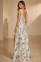 Romantic A-Line One-Shoulder Sleeveless Low-Back Slit Floor-Length Wedding Guest Dress