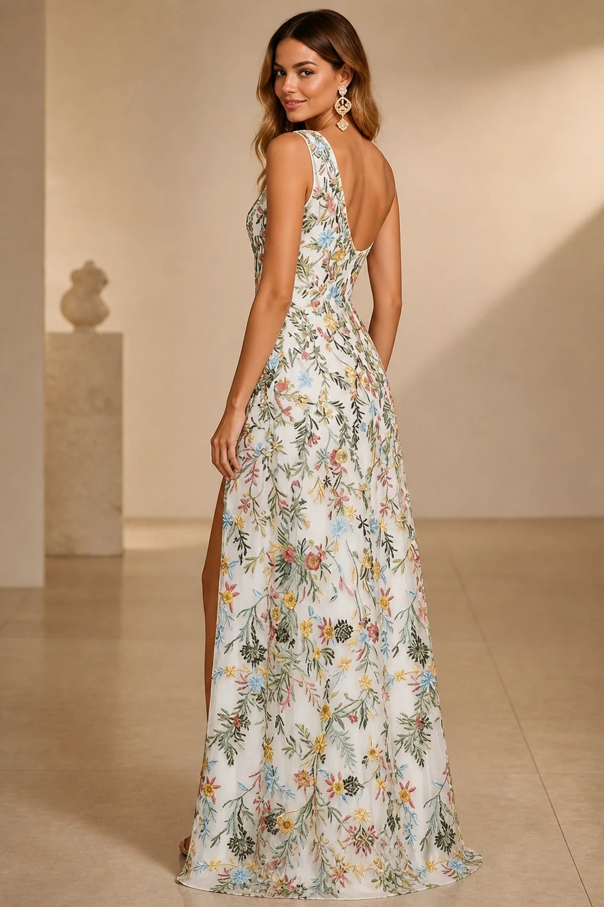 Romantic A-Line One-Shoulder Sleeveless Low-Back Slit Floor-Length Wedding Guest Dress