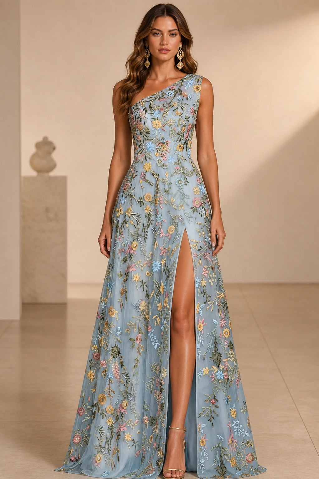 Romantic A-Line One-Shoulder Sleeveless Low-Back Slit Floor-Length Wedding Guest Dress