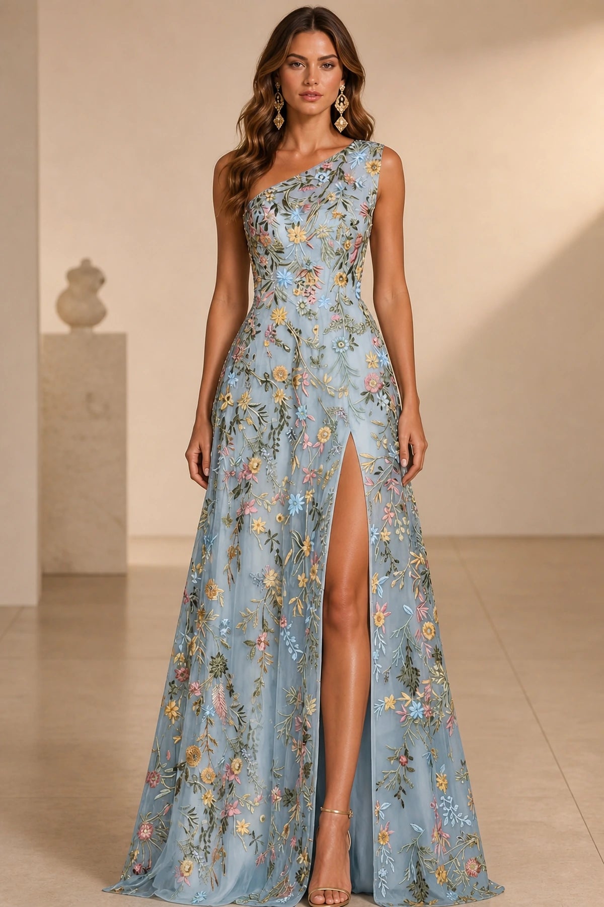 Romantic A-Line One-Shoulder Sleeveless Low-Back Slit Floor-Length Wedding Guest Dress