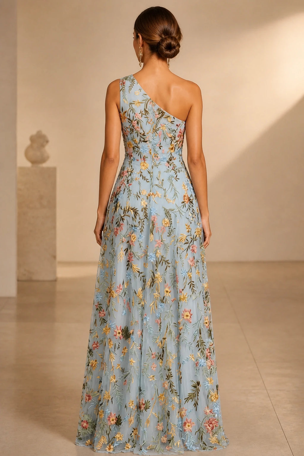 Romantic A-Line One-Shoulder Sleeveless Low-Back Slit Floor-Length Wedding Guest Dress