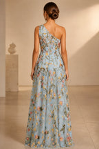 Romantic A-Line One-Shoulder Sleeveless Low-Back Slit Floor-Length Wedding Guest Dress