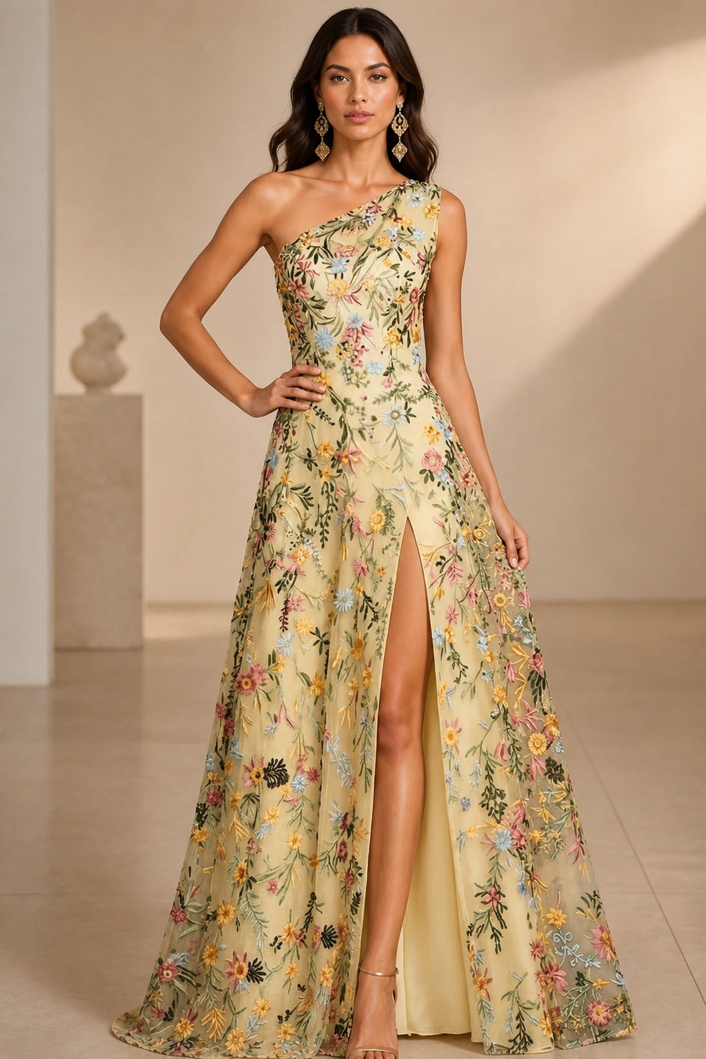 Romantic A-Line One-Shoulder Sleeveless Low-Back Slit Floor-Length Wedding Guest Dress
