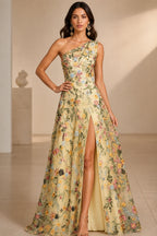 Romantic A-Line One-Shoulder Sleeveless Low-Back Slit Floor-Length Wedding Guest Dress
