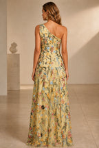 Romantic A-Line One-Shoulder Sleeveless Low-Back Slit Floor-Length Wedding Guest Dress