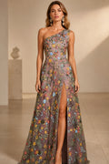 Dusty mauve floral embroidered wedding guest dress with one shoulder neckline and high side slit by GraceProm