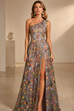 Dusty mauve floral embroidered wedding guest dress with one shoulder neckline and high side slit by GraceProm