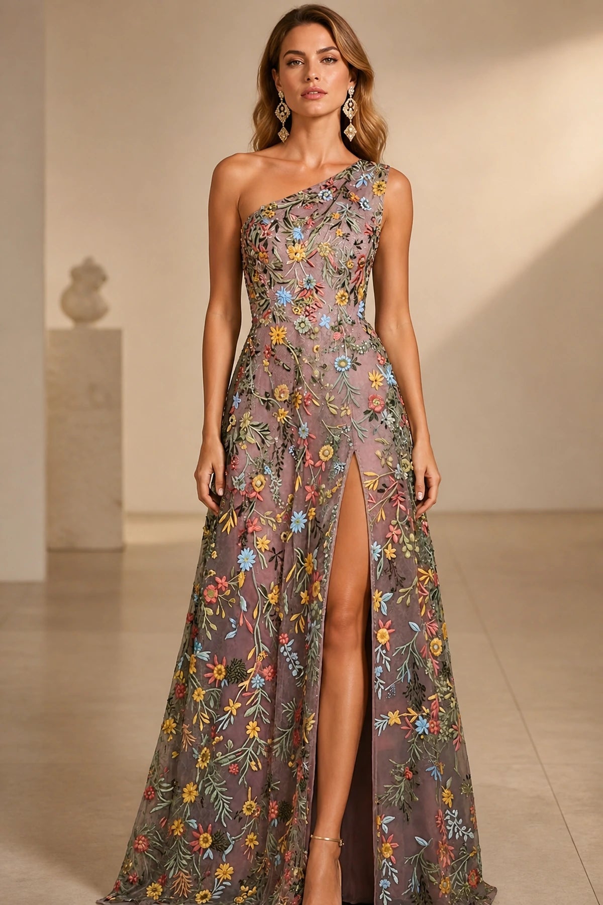 Dusty mauve floral embroidered wedding guest dress with one shoulder neckline and high side slit by GraceProm
