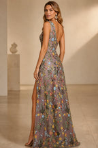 Back view of one shoulder floral embroidered wedding guest dress with low back and floor-length skirt by GraceProm