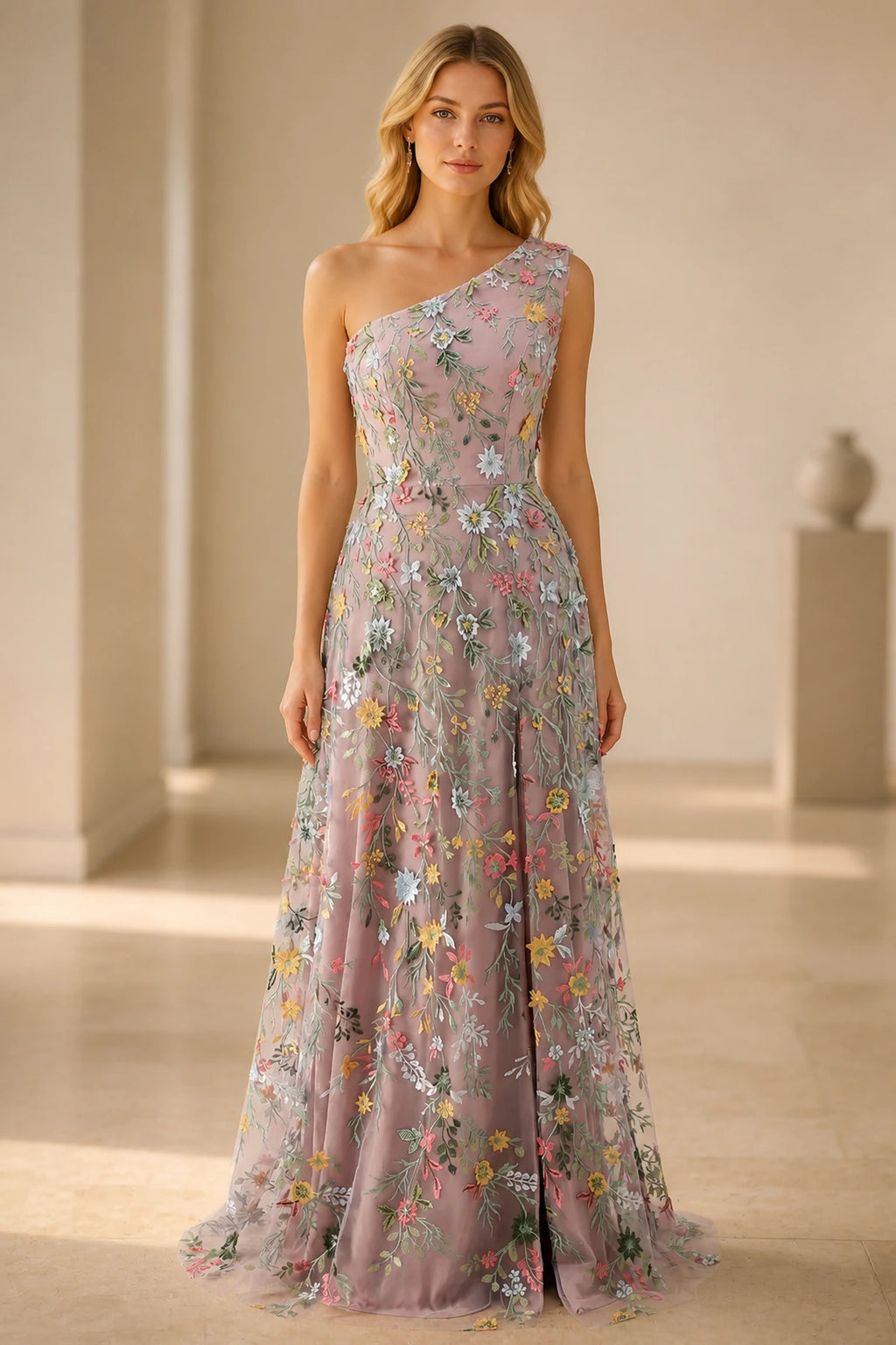 Romantic A-Line One-Shoulder Sleeveless Low-Back Slit Floor-Length Wedding Guest Dress