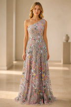 Romantic A-Line One-Shoulder Sleeveless Low-Back Slit Floor-Length Wedding Guest Dress