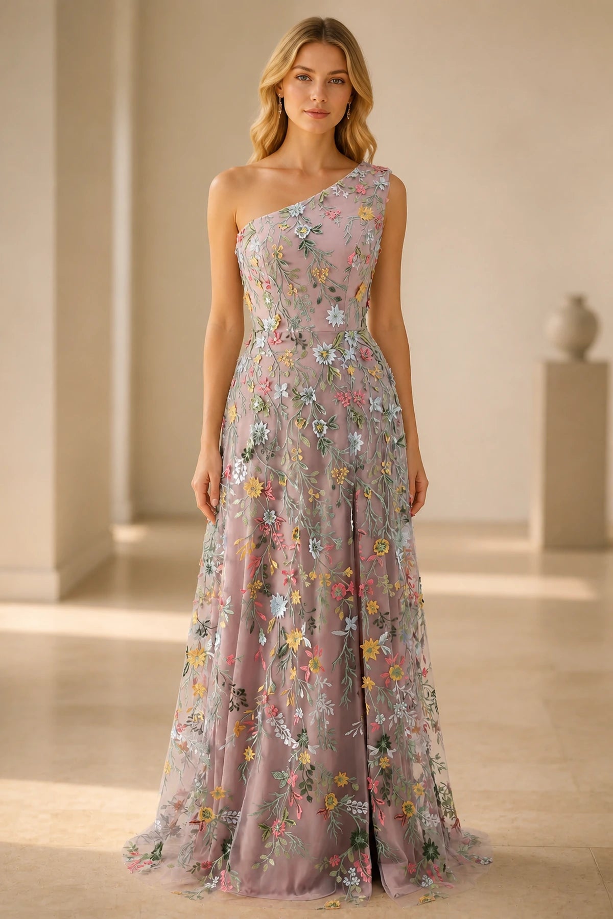 Romantic A-Line One-Shoulder Sleeveless Low-Back Slit Floor-Length Wedding Guest Dress