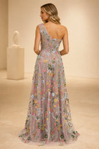 Romantic A-Line One-Shoulder Sleeveless Low-Back Slit Floor-Length Wedding Guest Dress