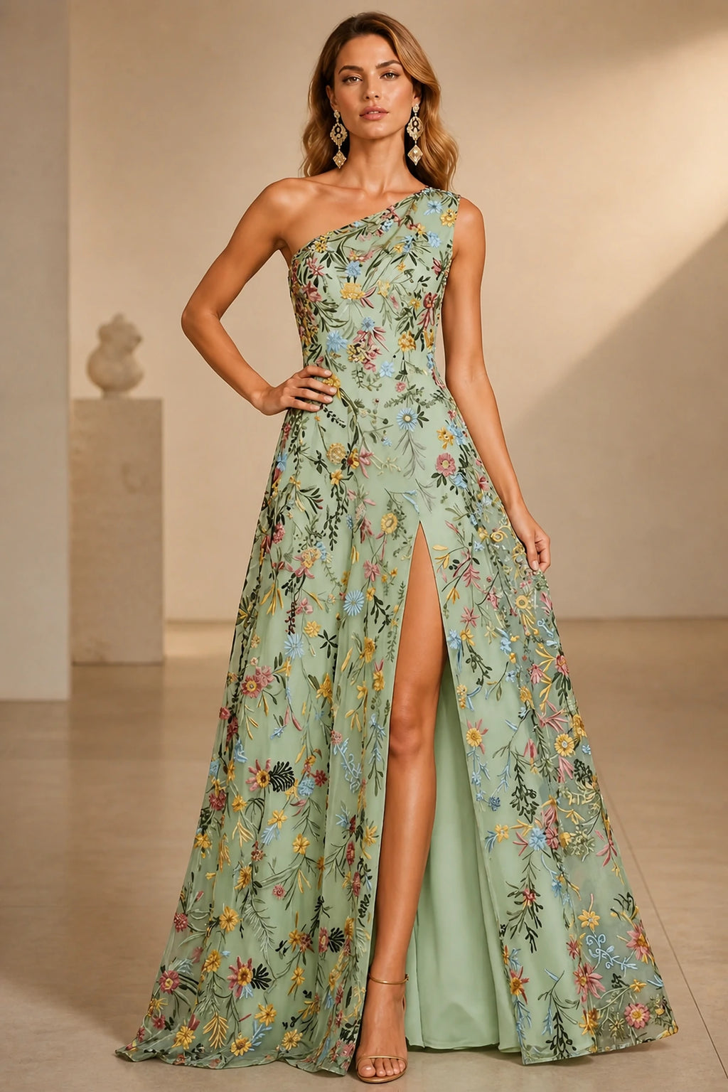Romantic A-Line One-Shoulder Sleeveless Low-Back Slit Floor-Length Wedding Guest Dress