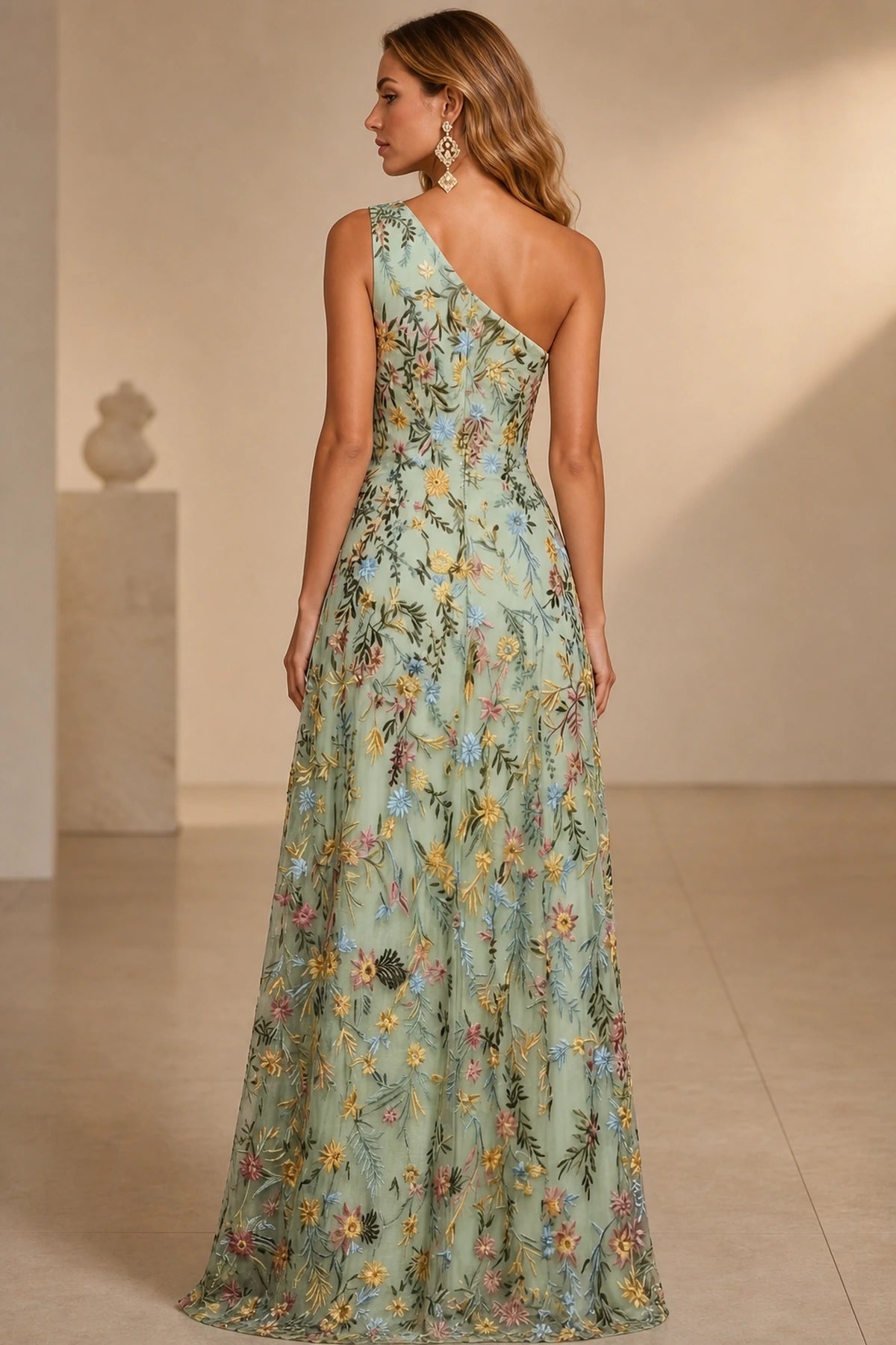 Romantic A-Line One-Shoulder Sleeveless Low-Back Slit Floor-Length Wedding Guest Dress