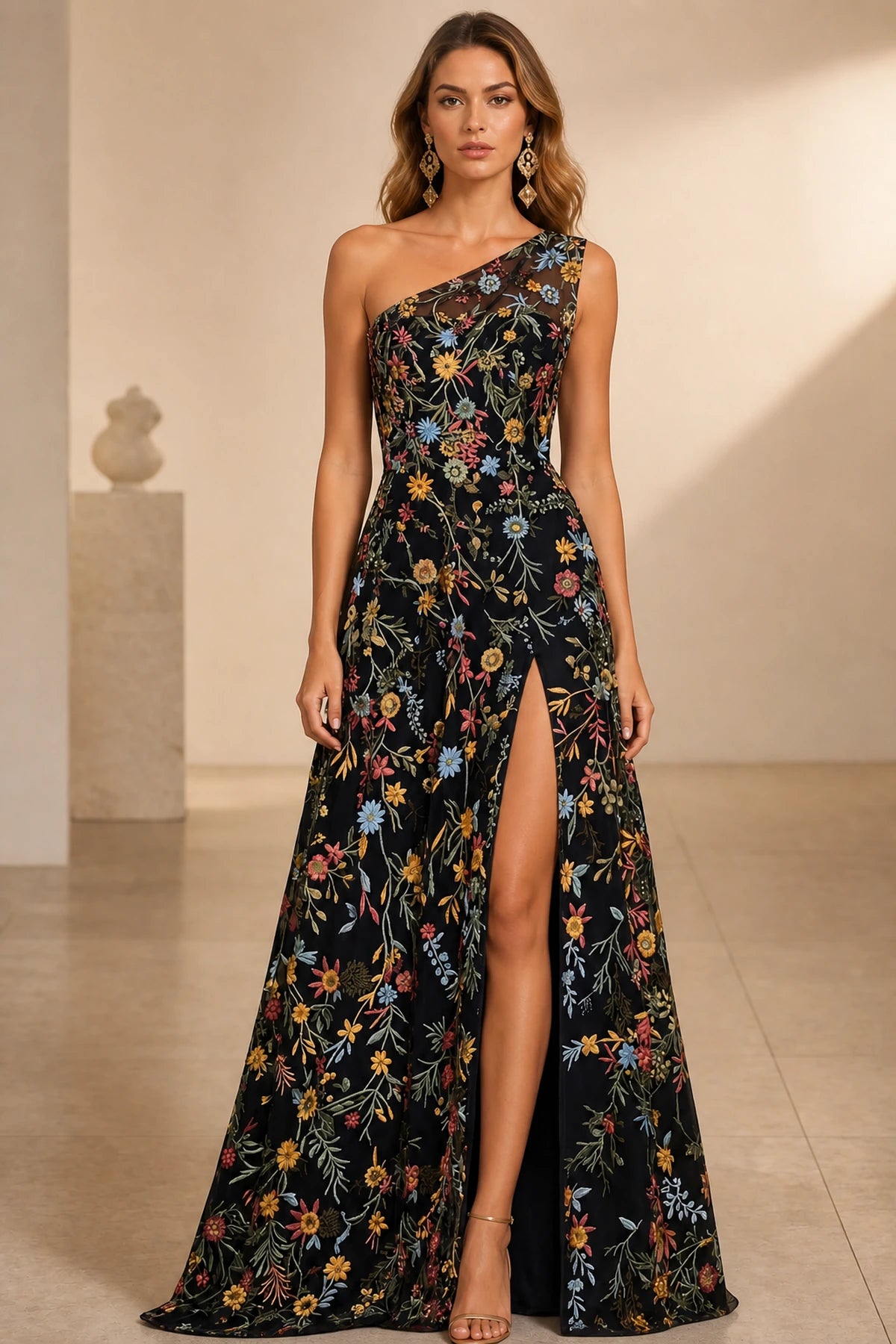 Romantic A-Line One-Shoulder Sleeveless Low-Back Slit Floor-Length Wedding Guest Dress