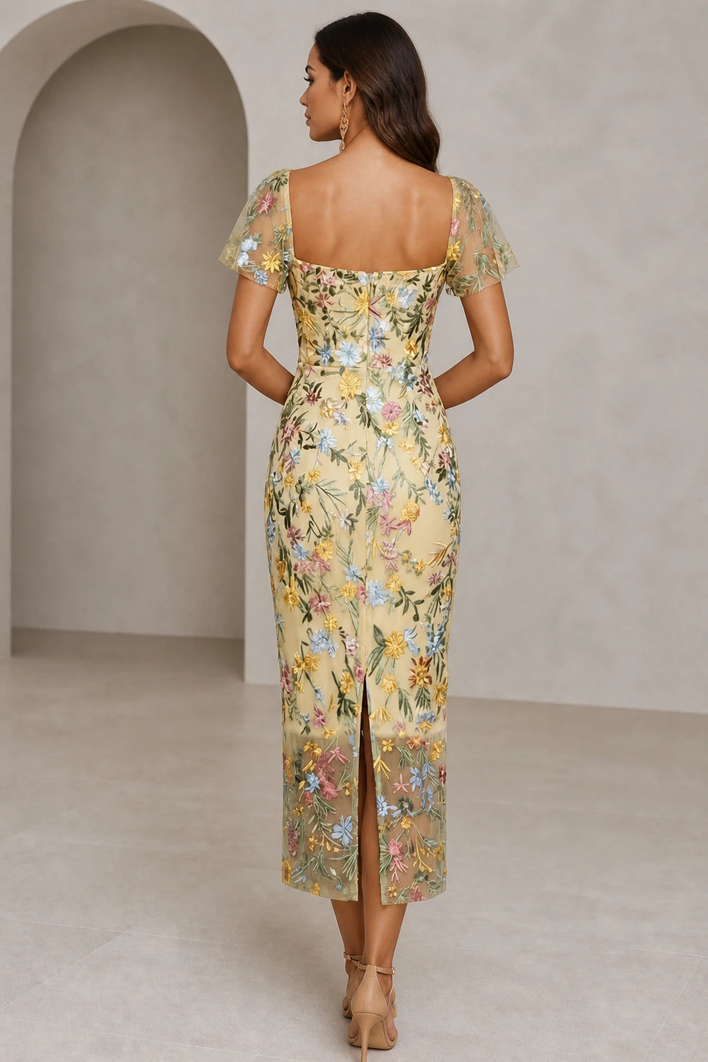 Romantic Sheath Sweetheart Flutter-Sleeve Square-Back Midi Wedding Guest Dress