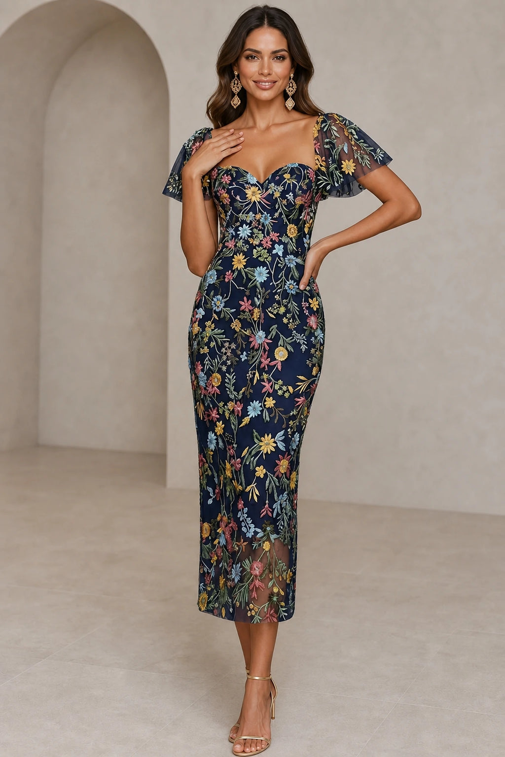Romantic Sheath Sweetheart Flutter-Sleeve Square-Back Midi Wedding Guest Dress