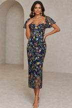 Romantic Sheath Sweetheart Flutter-Sleeve Square-Back Midi Wedding Guest Dress