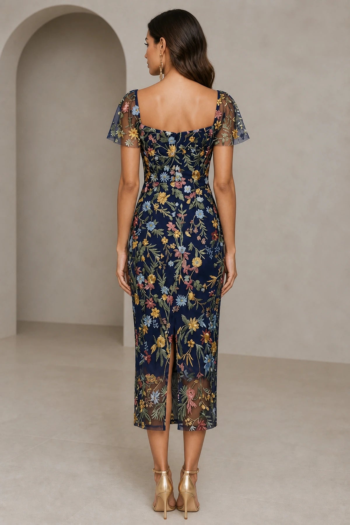 Romantic Sheath Sweetheart Flutter-Sleeve Square-Back Midi Wedding Guest Dress